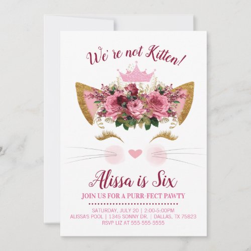 Kitten Pink Crown Birthday  Invitation