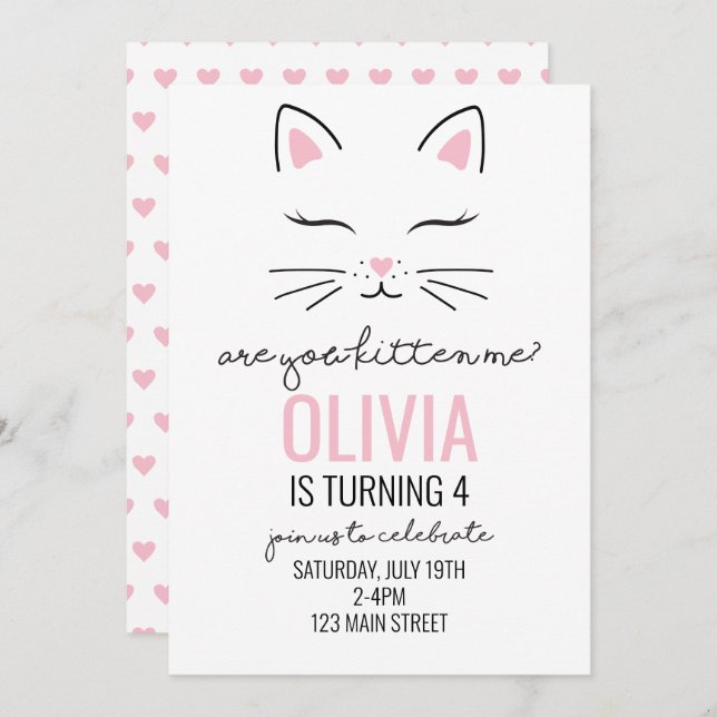 Kitten Pink Hearts Birthday Invitation (Front/Back)