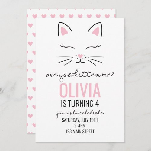 Kitten Pink Hearts Birthday Invitation