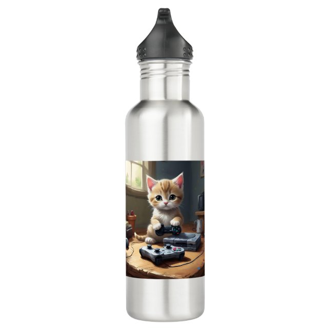 Kitten Playing Gaming Console, Stainless Steel Water Bottle (Right)