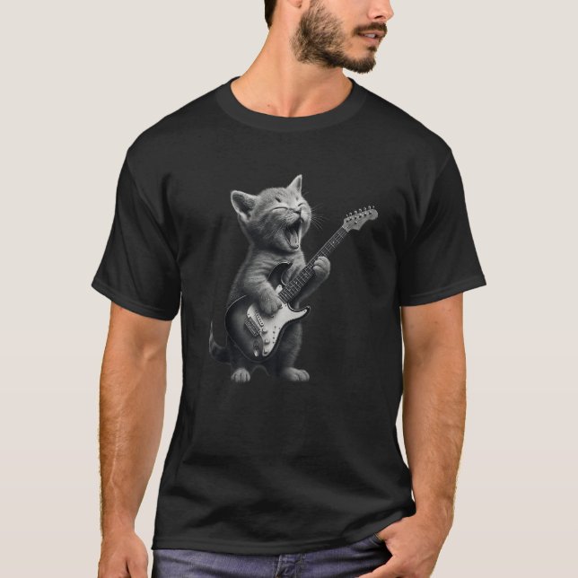 Kitten Playing Guitar Rock and Roll Funny Cat Guit T-Shirt (Front)