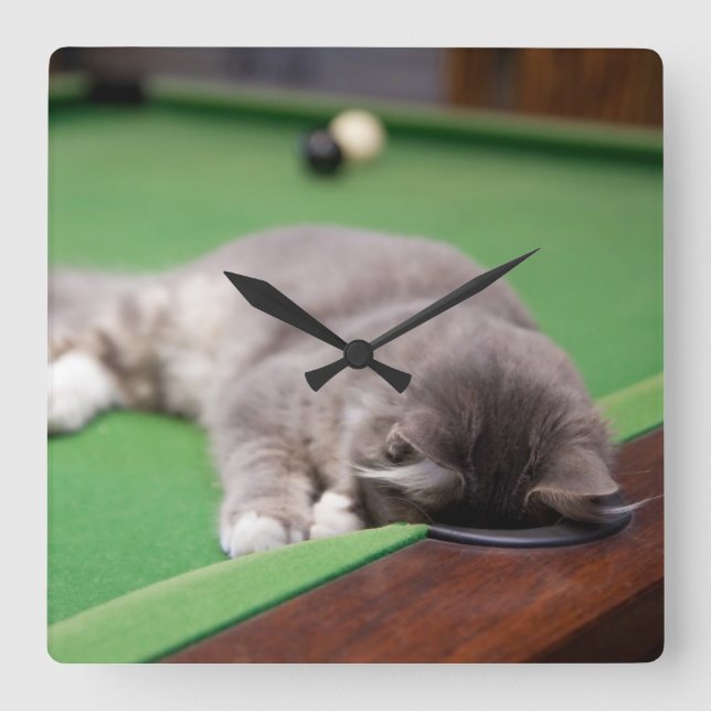 Kitten Playing Pool Square Wall Clock (Front)