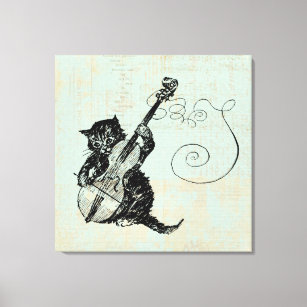 Kitten Playing Violin Teal Music Cat Illustration Canvas Print