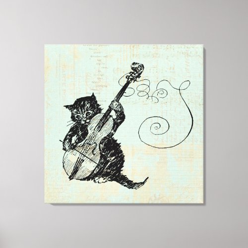 Kitten Playing Violin Teal Music Cat Illustration Canvas Print