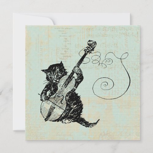 Kitten Playing Violin Teal Music Cat Illustration Card