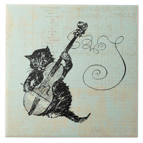 Kitten Playing Violin Teal Music Cat Illustration Ceramic Tile