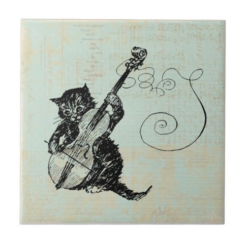 Kitten Playing Violin Teal Music Cat Illustration Ceramic Tile