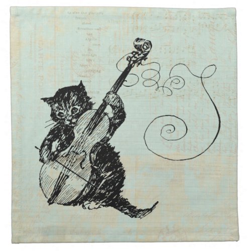Kitten Playing Violin Teal Music Cat Illustration Cloth Napkin