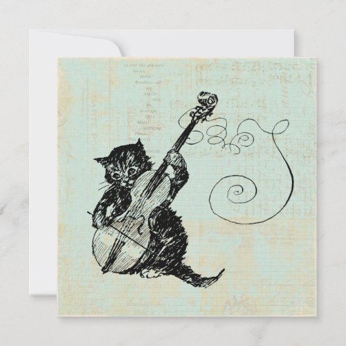 Kitten Playing Violin Teal Music Cat Illustration Invitation