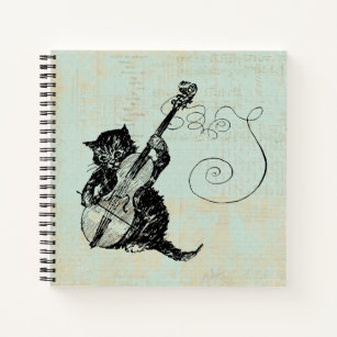 Kitten Playing Violin Teal Music Cat Illustration Notebook
