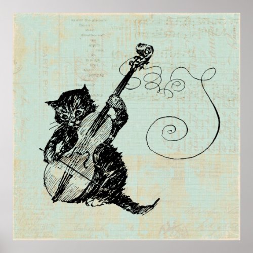 Kitten Playing Violin Teal Music Cat Illustration Poster