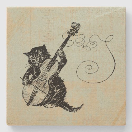 Kitten Playing Violin Teal Music Cat Illustration Stone Coaster