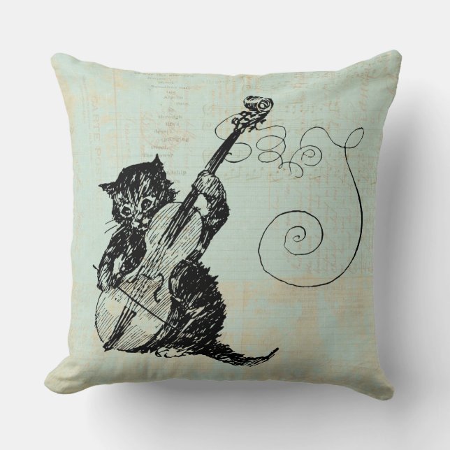 Kitten Playing Violin Teal Music Cat Illustration Throw Pillow (Front)