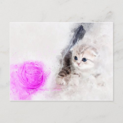 Kitten playing with a pink yarn ball watercolor postcard