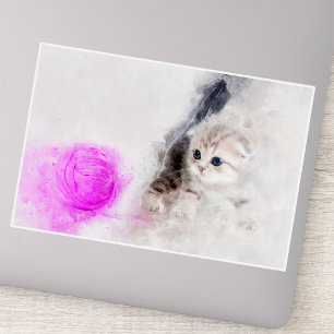 Kitten playing with a pink yarn ball watercolor sticker
