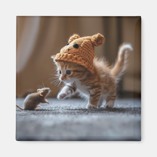 Kitten playing with a small mouse magnet (Front)