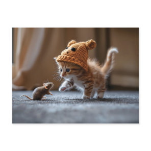 Kitten playing with a small mouse postcard