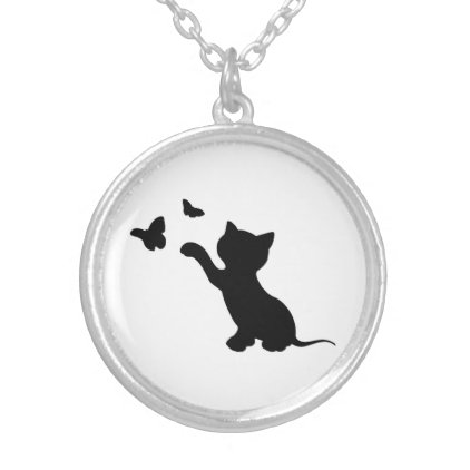 KITTEN PLAYING WITH BUTTERFLIES SILVER PLATED NECKLACE