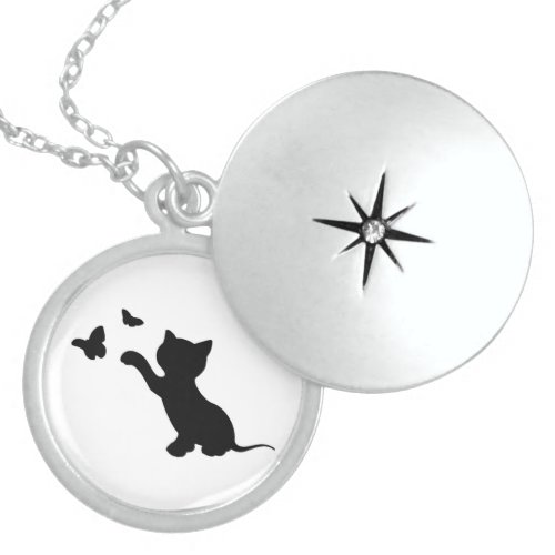 KITTEN PLAYING WITH BUTTERFLIES STERLING SILVER NECKLACE