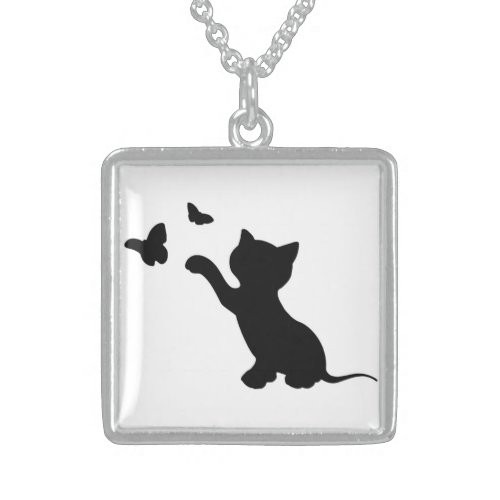 KITTEN PLAYING WITH BUTTERFLIES STERLING SILVER NECKLACE