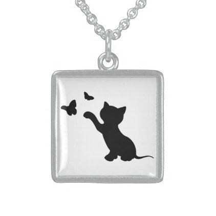 KITTEN PLAYING WITH BUTTERFLIES STERLING SILVER NECKLACE