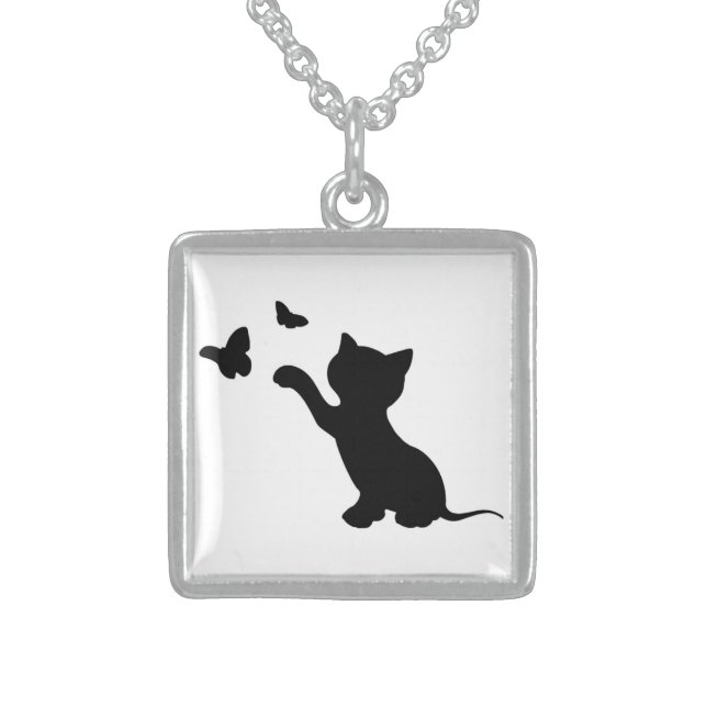 KITTEN PLAYING WITH BUTTERFLIES STERLING SILVER NECKLACE (Front)