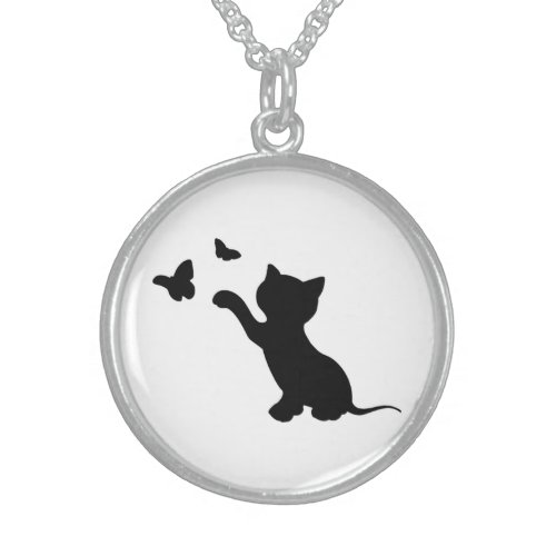 KITTEN PLAYING WITH BUTTERFLIES STERLING SILVER NECKLACE