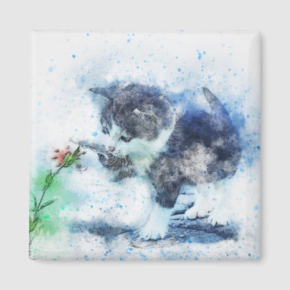 Kitten Playing with Flower | Abstract | Watercolor Magnet