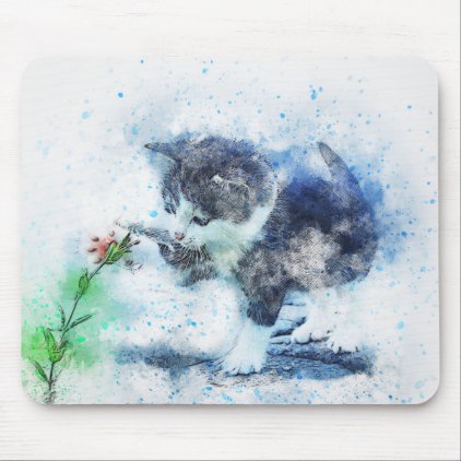 Kitten Playing with Flower | Abstract | Watercolor Mouse Pad