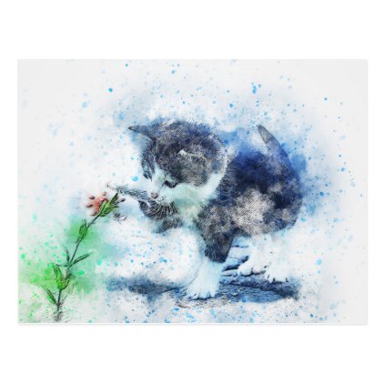 Kitten Playing with Flower | Abstract | Watercolor Postcard