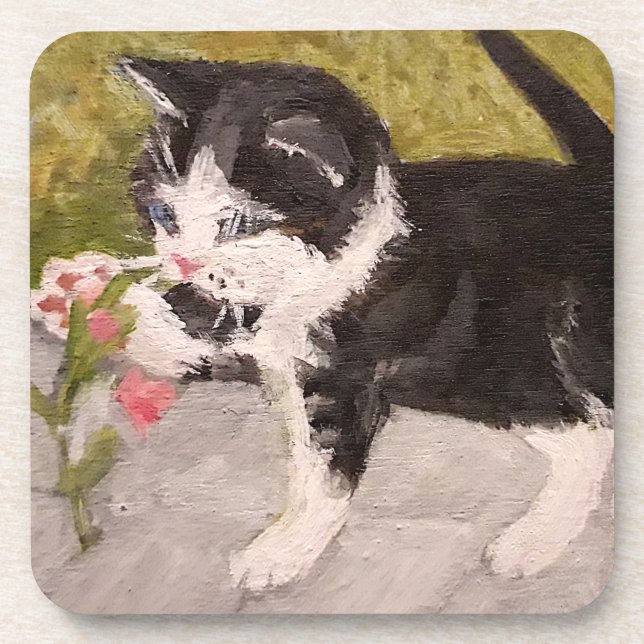 Kitten Playing with Pink Flower Beverage Coaster (Front)