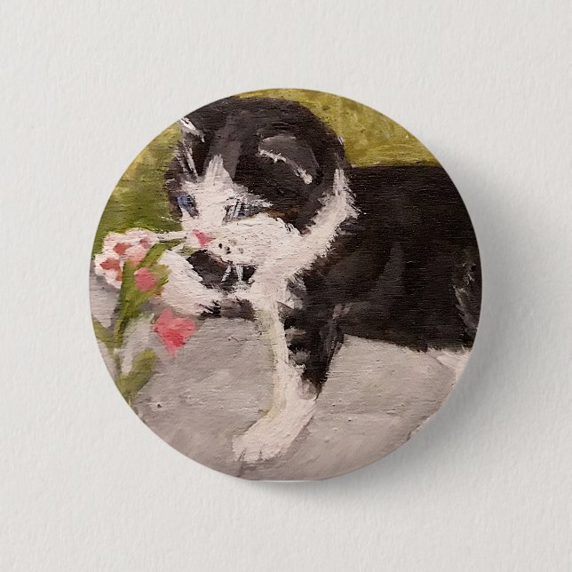 Kitten Playing with Pink Flower Button (Front)