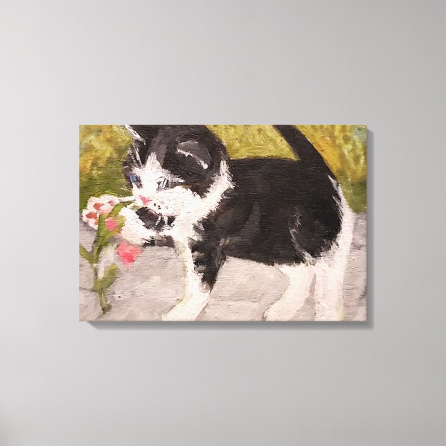 Kitten Playing with Pink Flower Canvas Print (Front)