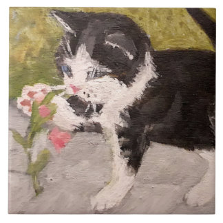Kitten Playing with Pink Flower Ceramic Tile