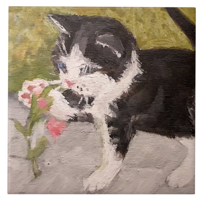 Kitten Playing with Pink Flower Ceramic Tile (Front)