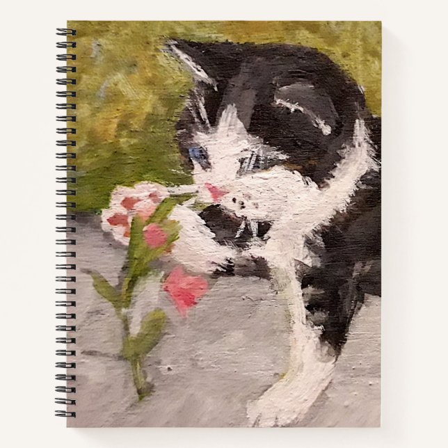 Kitten Playing with Pink Flower Notebook (Front)