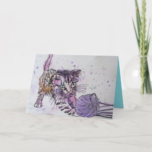 Kitten Playing With Wool Watercolour Birthday Card