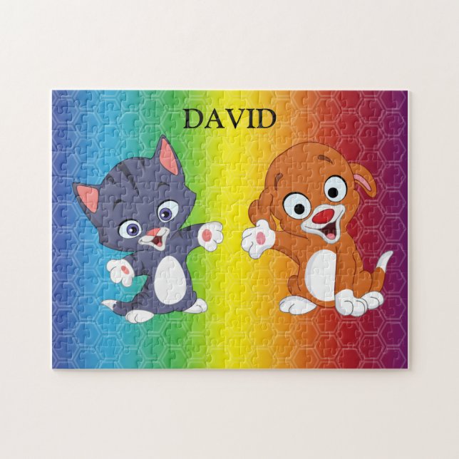 Kitten & Puppy Rainbow puzzle personalized. (Horizontal)