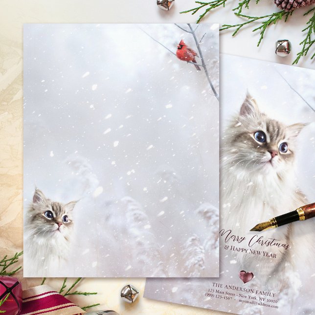 Kitten & Red Cardinal in Snow - 8.5x11” Stationery (Creator Uploaded)