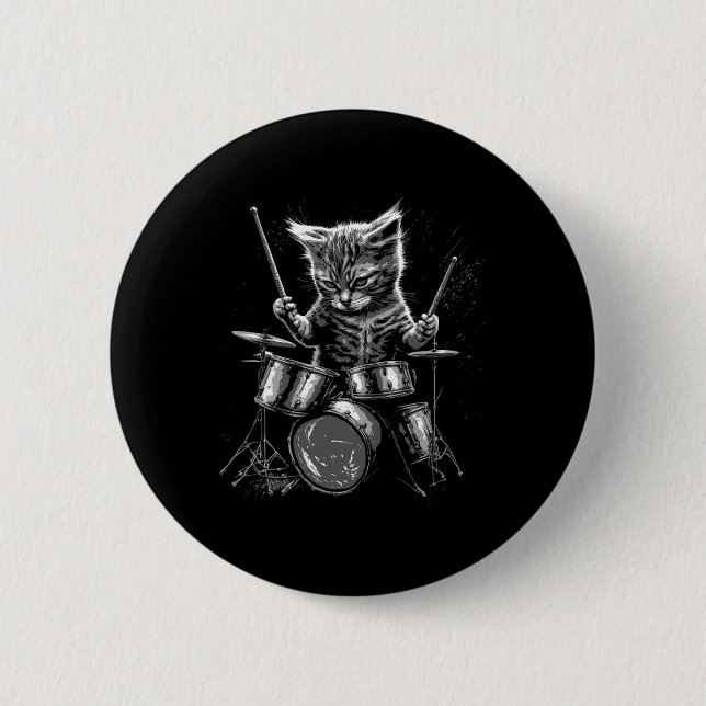 Kitten Rock Band Drummer Cat Playing Drums  Button (Front)