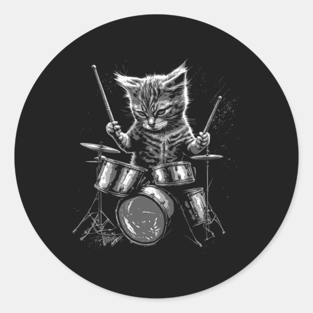 Kitten Rock Band Drummer Cat Playing Drums  Classic Round Sticker (Front)