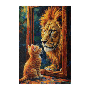 Kitten Seeing Lion Reflection Motivational Impasto Acrylic Print