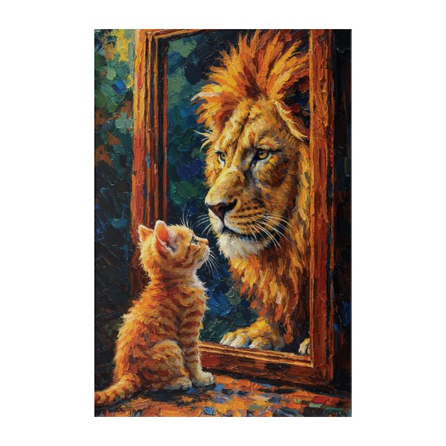 Kitten Seeing Lion Reflection Motivational Impasto Acrylic Print (Front)