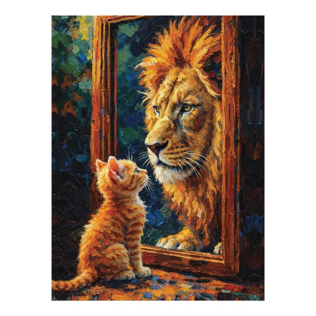 Kitten Seeing Lion Reflection Motivational Impasto Photo Print (Front)