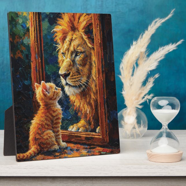 Kitten Seeing Lion Reflection Motivational Impasto Plaque (Side)