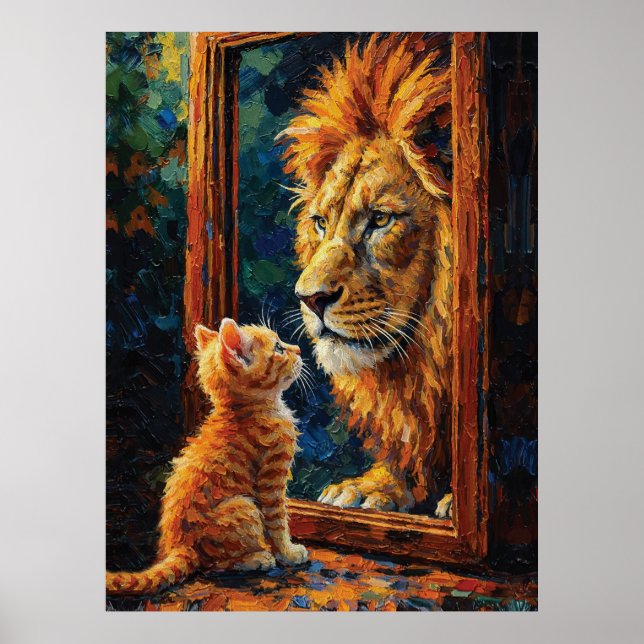 Kitten Seeing Lion Reflection Motivational Impasto Poster (Front)
