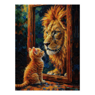 Kitten Seeing Lion Reflection Motivational Impasto Poster