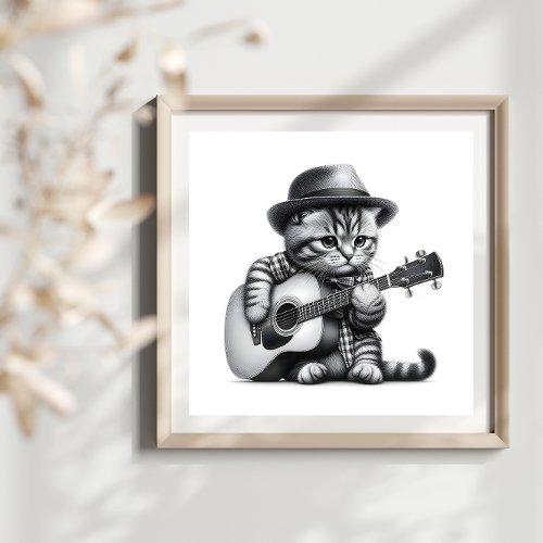 Kitten Shirt Hat Acoustic Guitar Pencil Portrait Poster