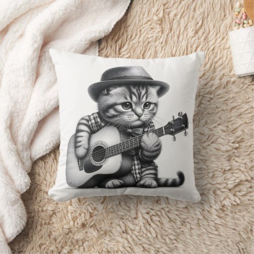 Kitten Shirt Hat Acoustic Guitar Pencil Portrait Throw Pillow