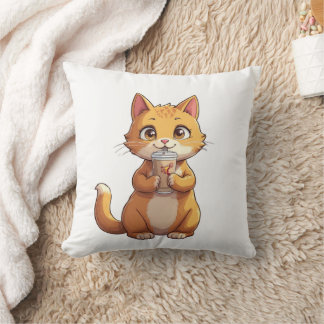 Kitten Sipping Coffee Throw Pillow